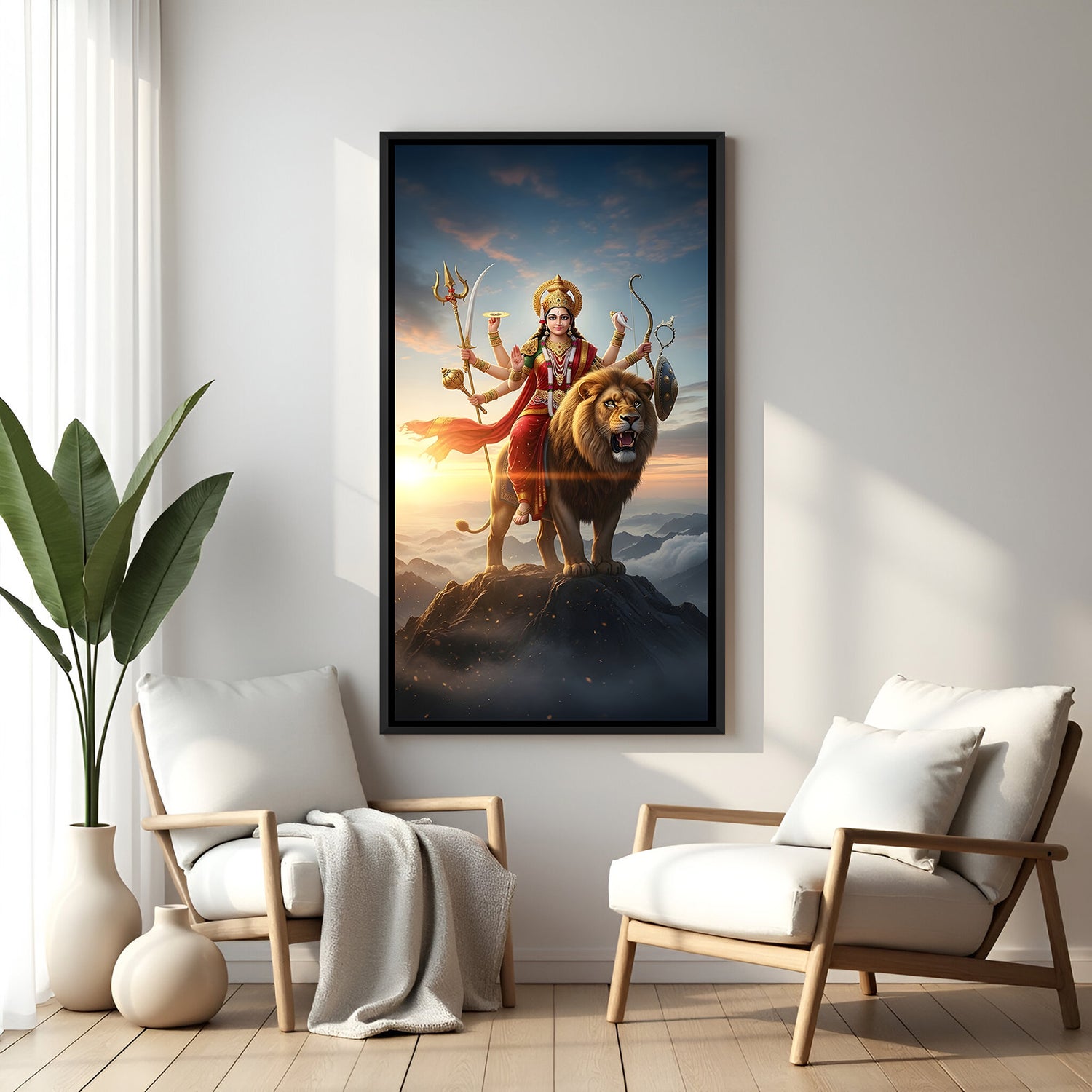 Sherawali Maa divine wall painting in elegant black floater frame with majestic lion and mountains