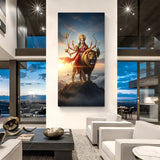 Sherawali Maa standing with lion on Himalayan mountain in premium spiritual canvas wall art