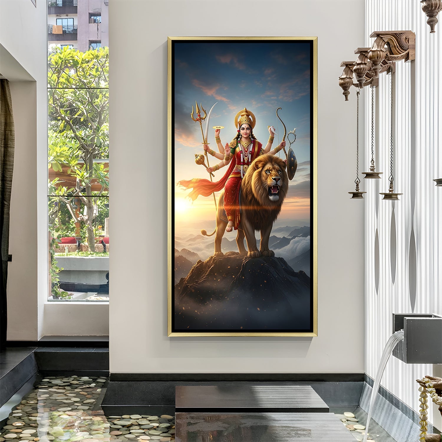 Sherawali Maa luxury spiritual artwork in golden floater frame with mountain sunrise background