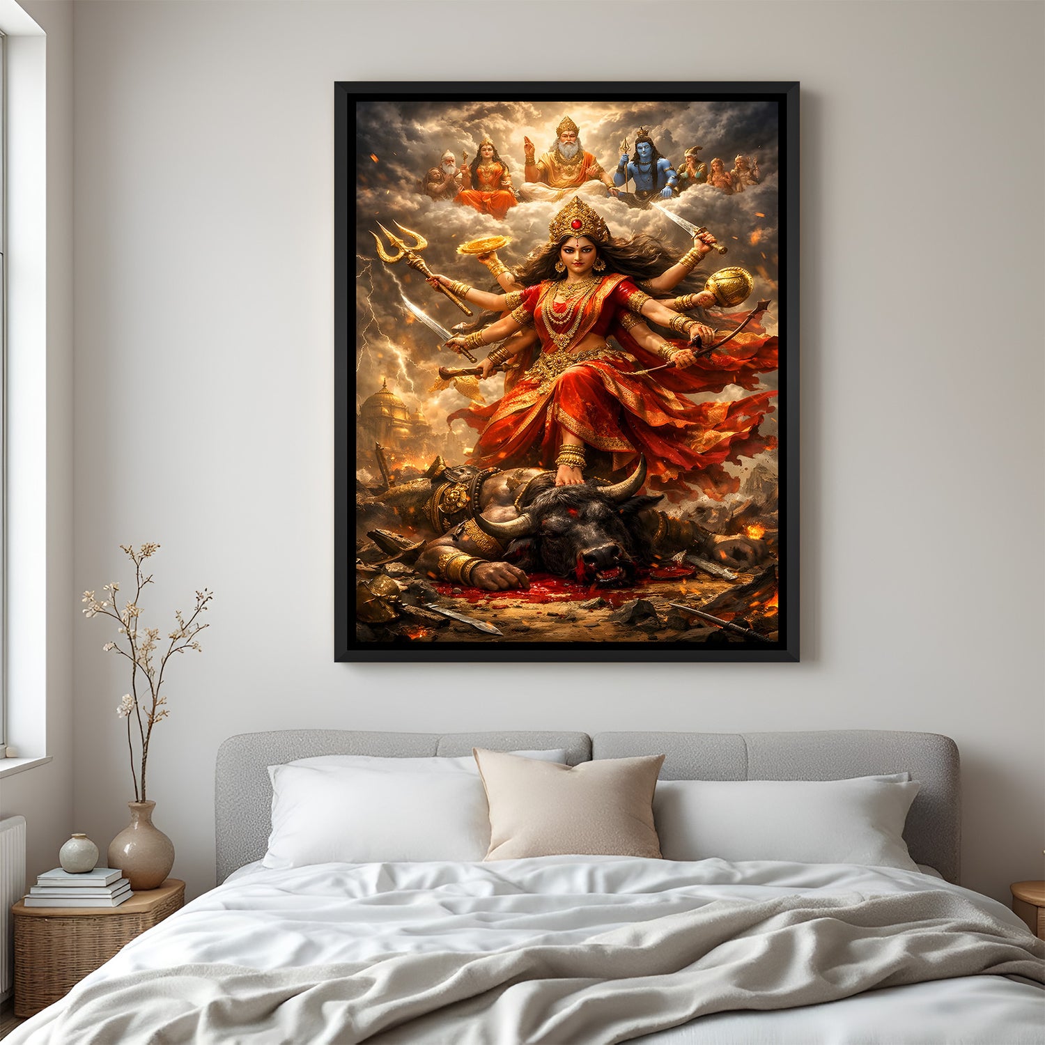 Sherawali Maa Supreme Victory of Shakti wall painting in black floater frame featuring multi-armed Goddess with celestial deities behind her