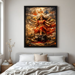 Sherawali Maa Supreme Victory of Shakti wall painting in black floater frame featuring multi-armed Goddess with celestial deities behind her