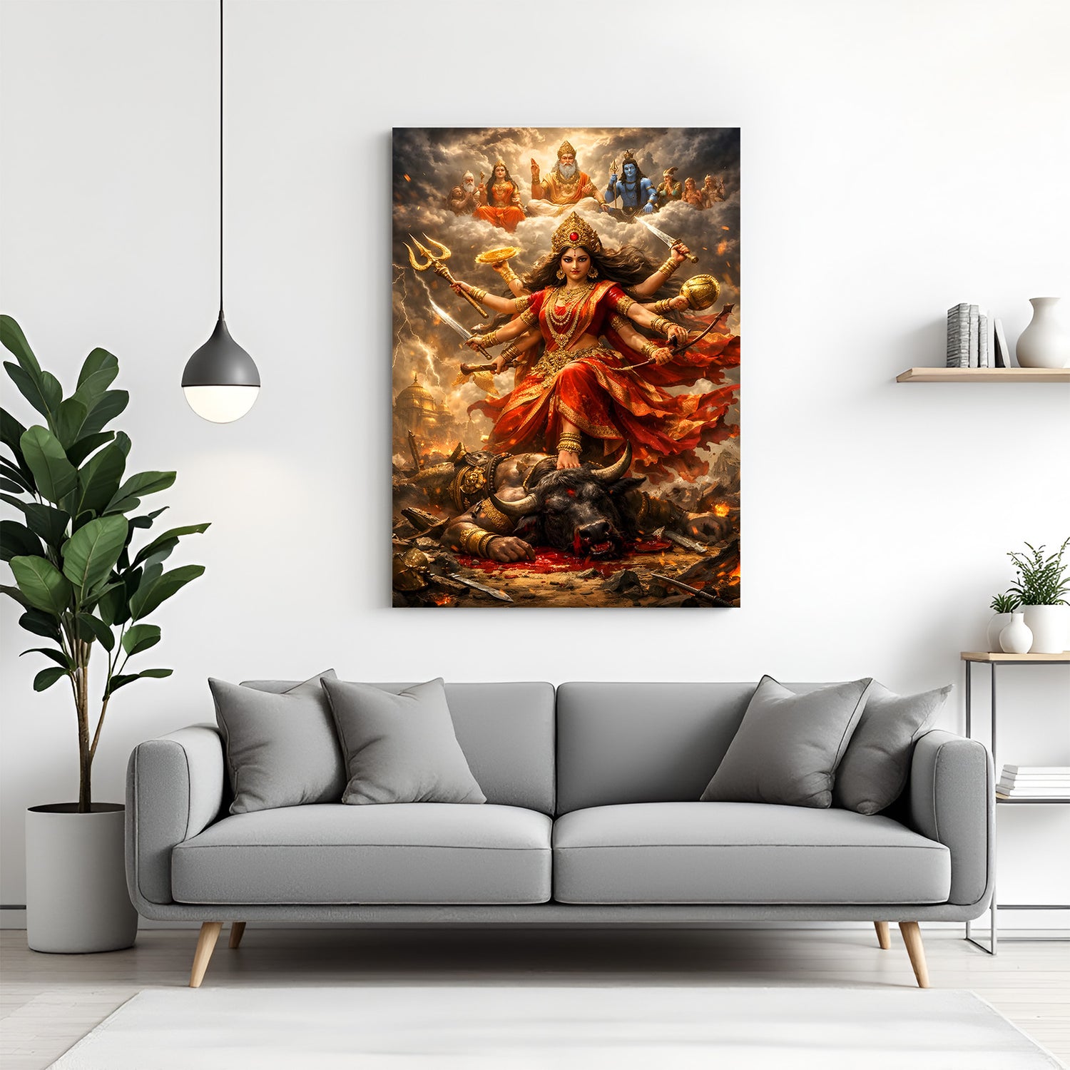 Sherawali Maa Supreme Victory of Shakti canvas wall art featuring the Goddess standing over a defeated demon with divine weapons in premium canvas wrapped frame