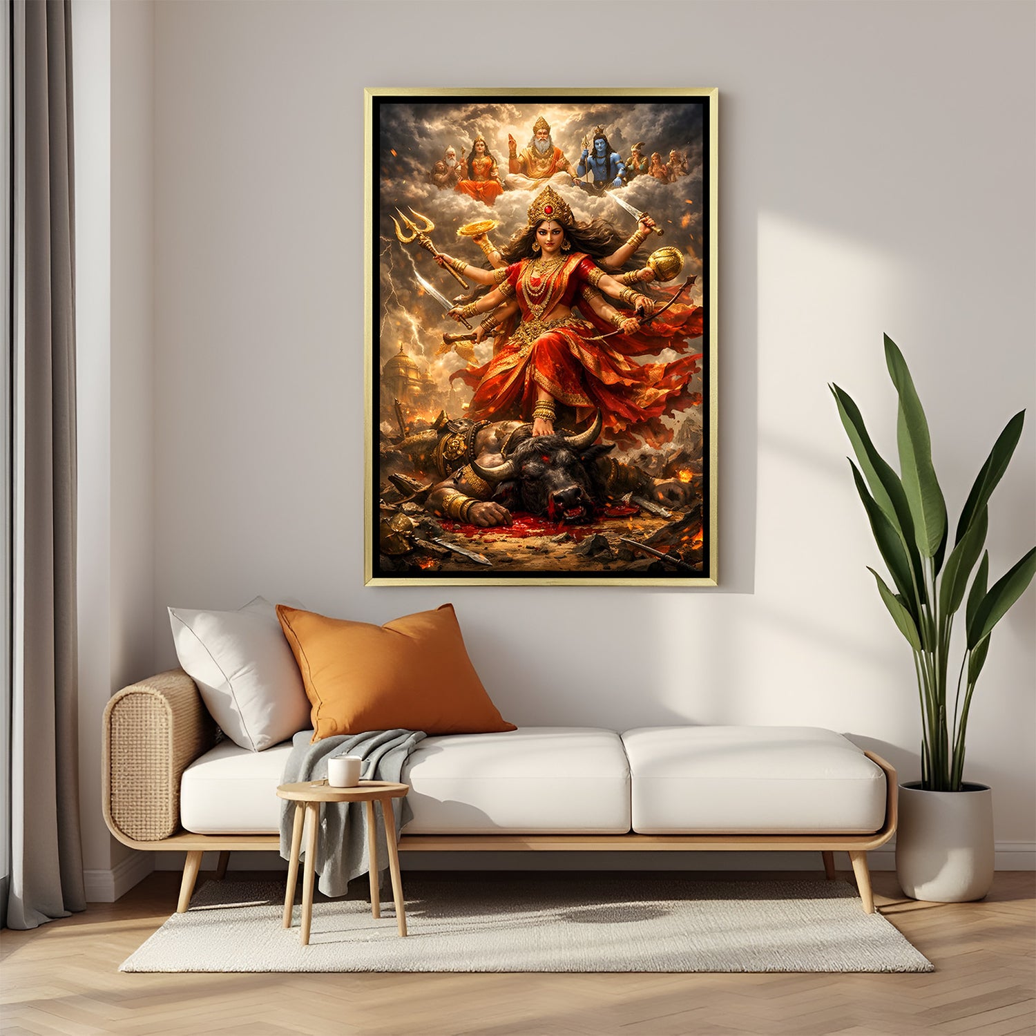 Sherawali Maa Supreme Victory of Shakti artwork in luxury golden floater frame depicting divine triumph over evil and celestial blessings