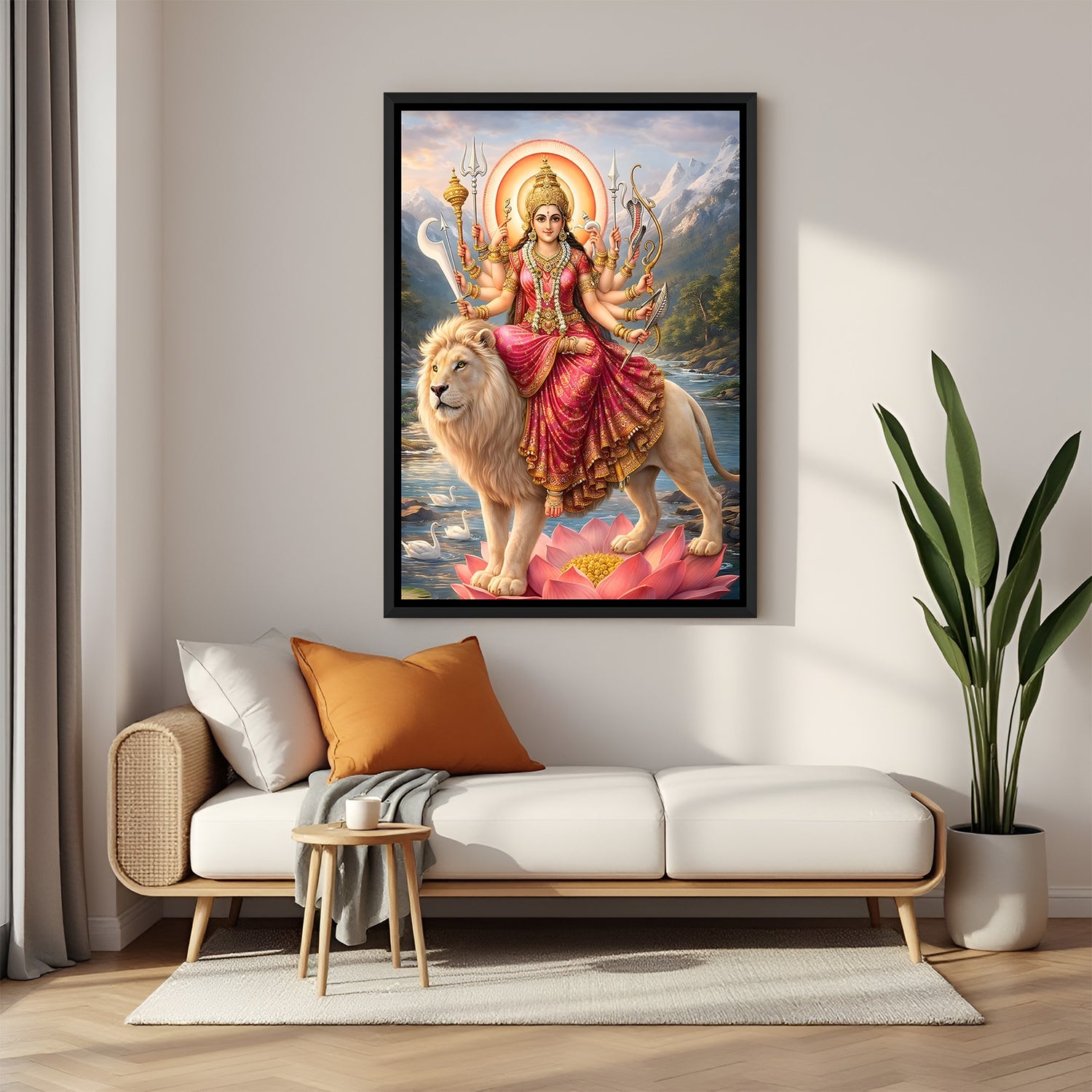 Sherawali Maa divine wall painting in elegant black floater frame with white lion and mountains