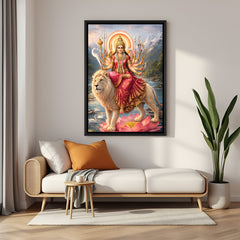 Sherawali Maa divine wall painting in elegant black floater frame with white lion and mountains