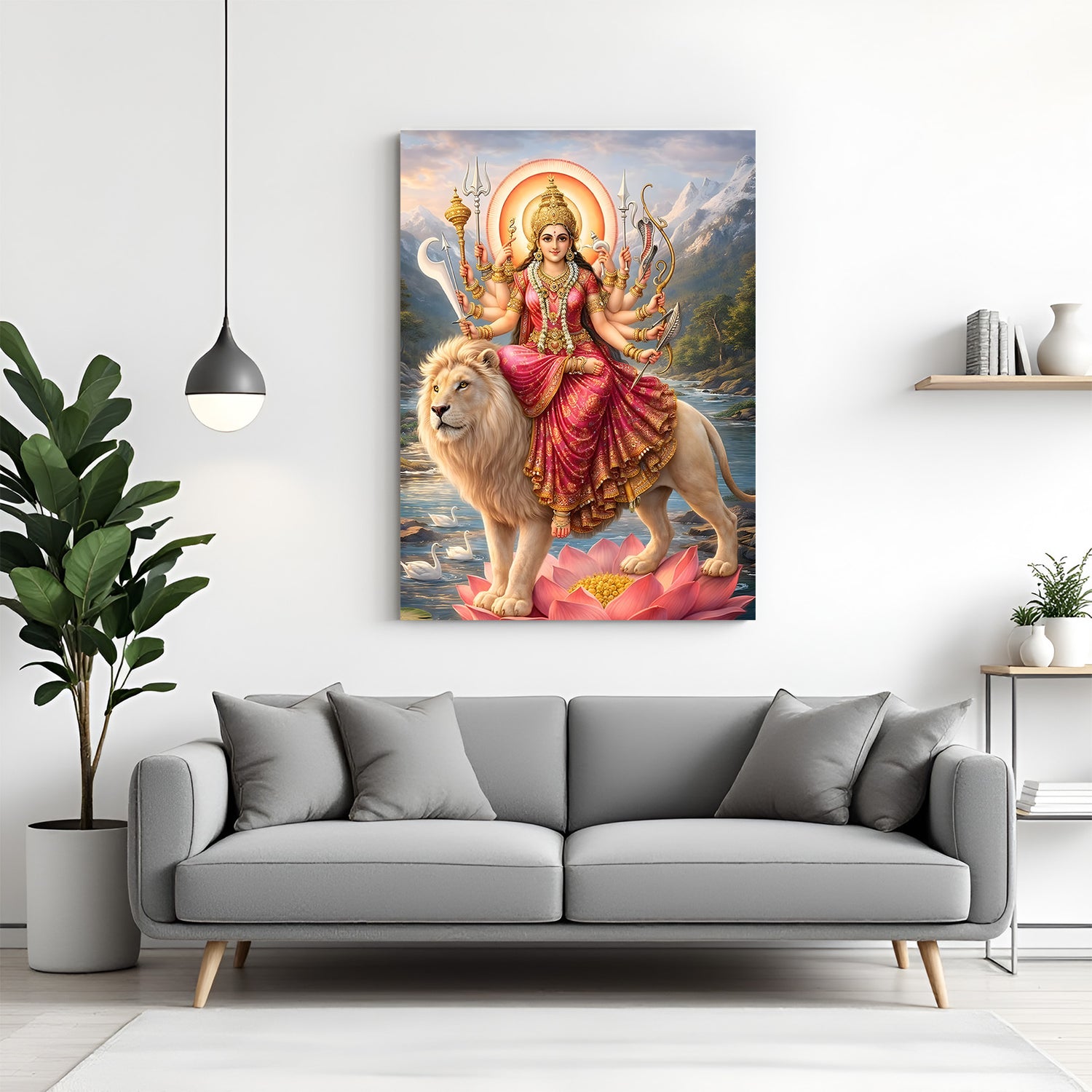 Sherawali Maa seated on white lion with lotus and Himalayan river spiritual canvas wall art