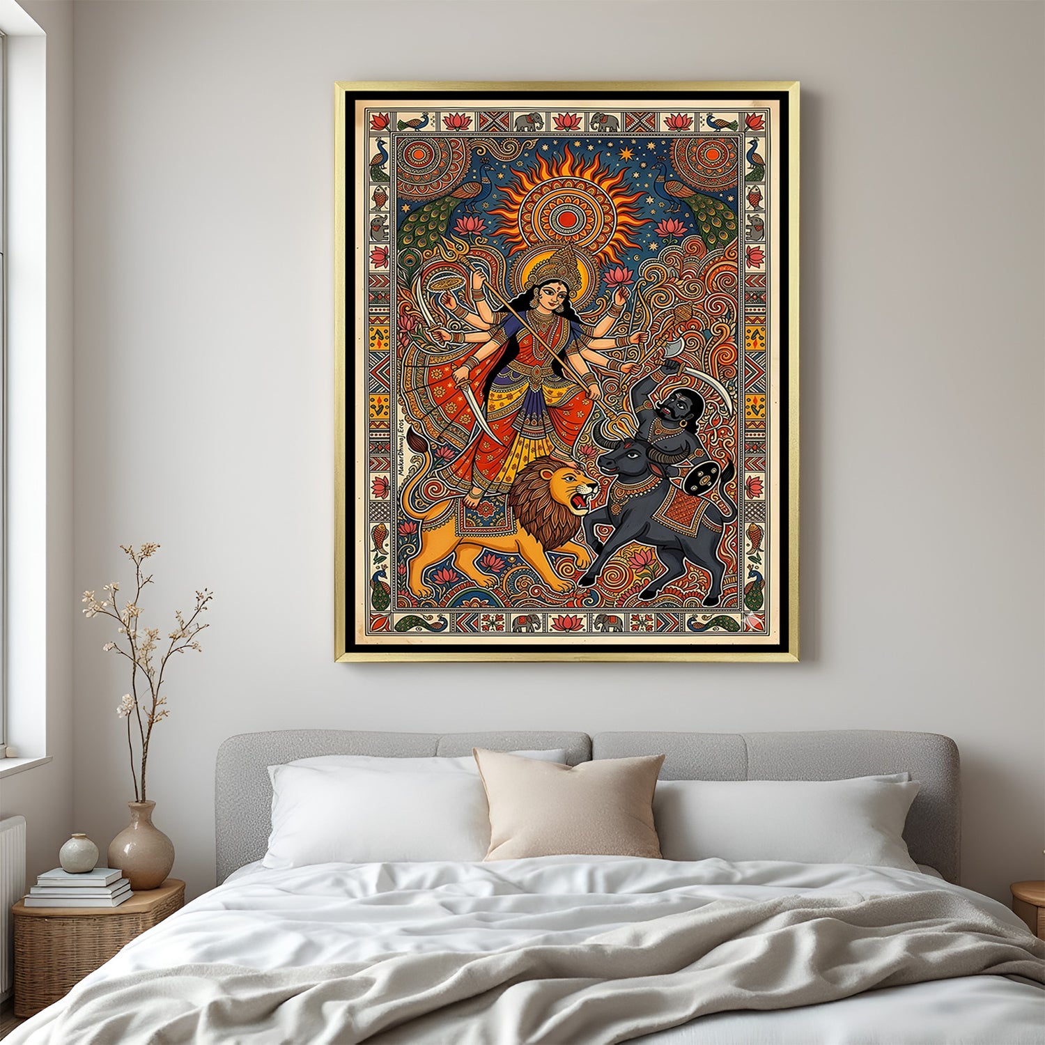 Luxury Shero Wali Maa Kalamkari artwork with peacock and traditional mythological design in golden floater frame