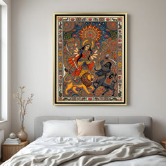 Luxury Shero Wali Maa Kalamkari artwork with peacock and traditional mythological design in golden floater frame