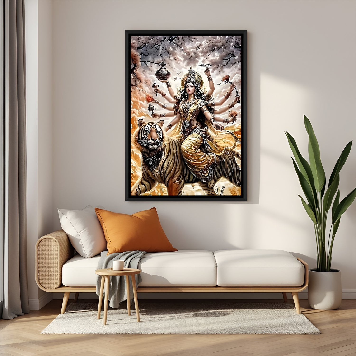Shero Wali Maa divine wall painting in elegant black floater frame with sacred tiger and weapons