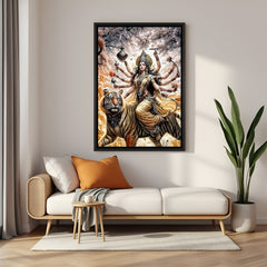 Shero Wali Maa divine wall painting in elegant black floater frame with sacred tiger and weapons