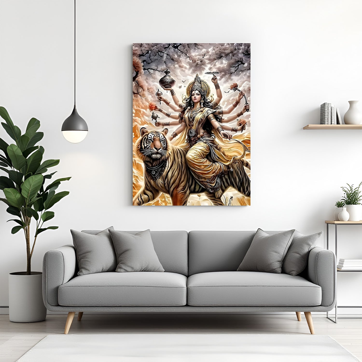 Shero Wali Maa seated on tiger with ten hands holding divine weapons spiritual canvas wall art