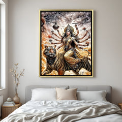 Shero Wali Maa luxury spiritual artwork in golden floater frame with ten divine arms and tiger