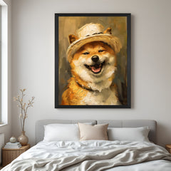 Playful Shiba Inu dog canvas painting in black floater frame, perfect for trendy and modern decor with a touch of pet-inspired personality