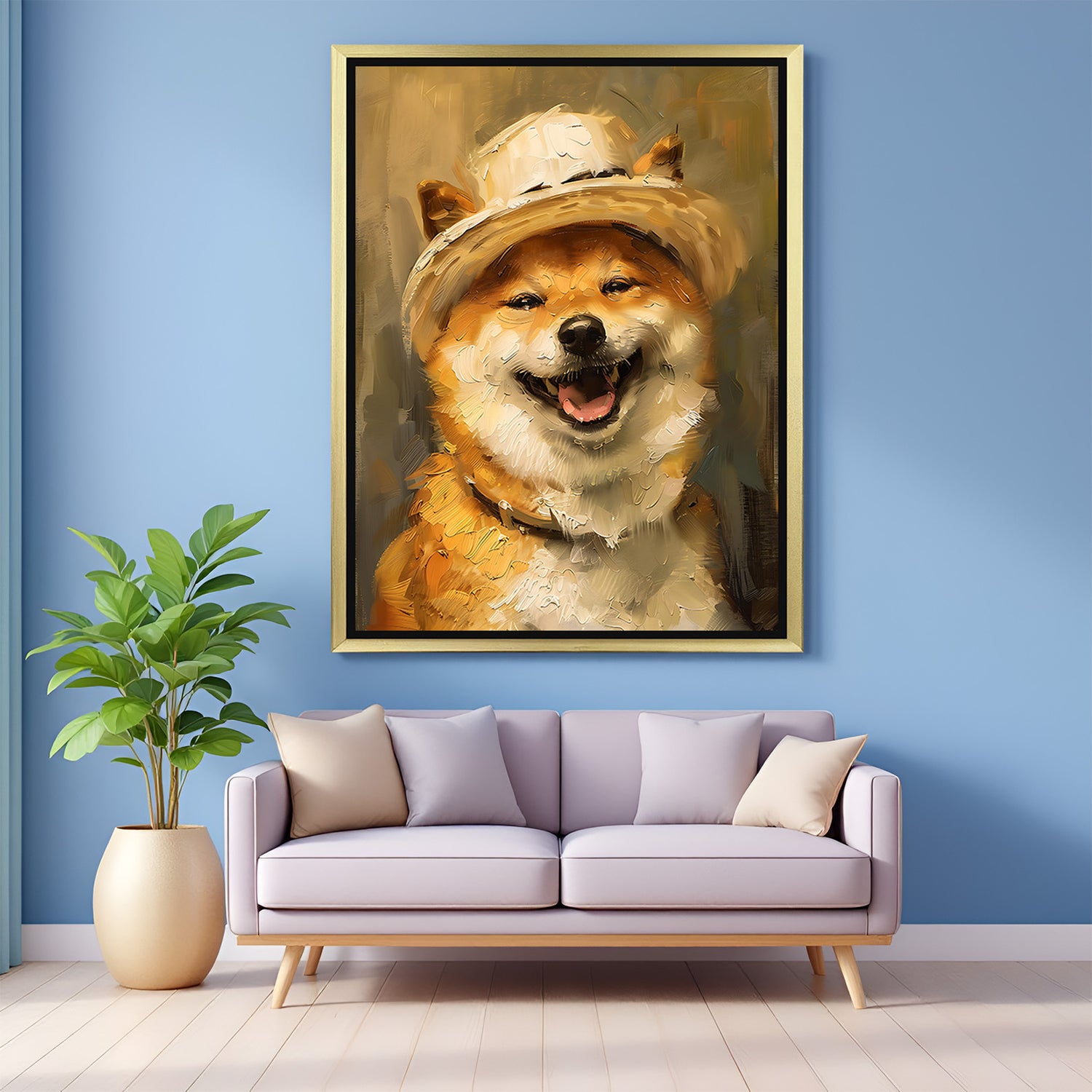 Golden framed animal canvas art of Shiba Inu dog, adding cuteness and cheerful charm to any room with a soft modern aesthetic