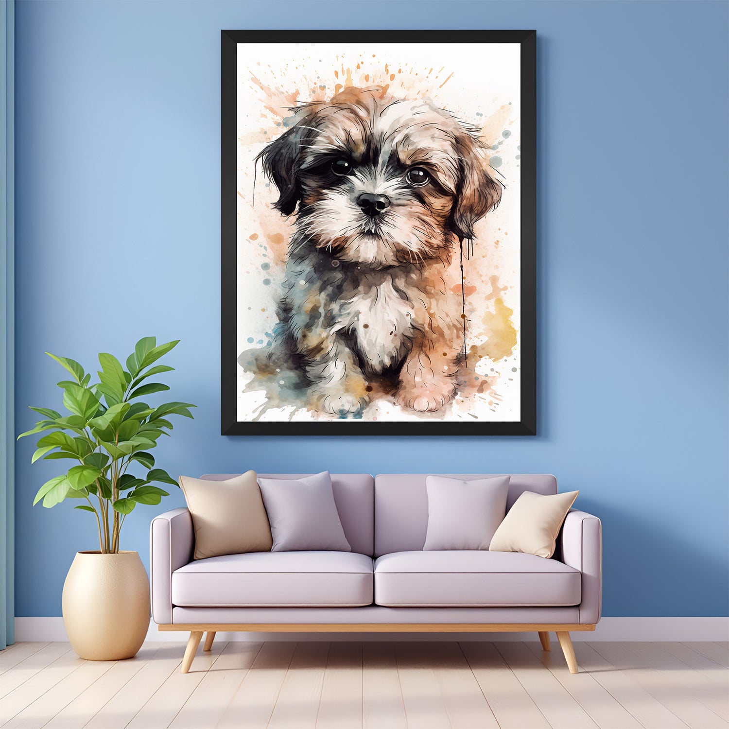 Cute Shih Tzu watercolor canvas in black floater frame, ideal for warm and inviting pet-themed wall spaces