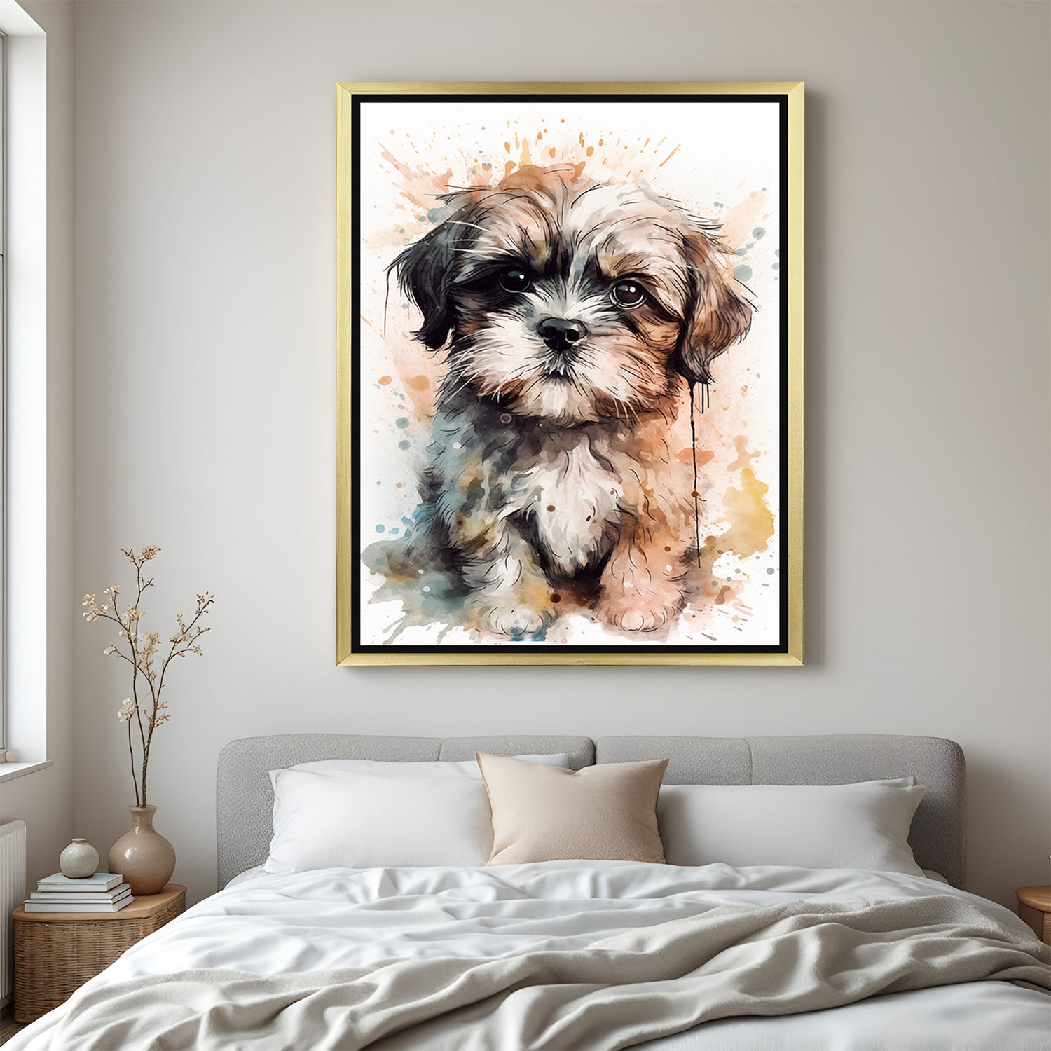 Adorable Shih Tzu painted in watercolor with golden floater frame, a sweet canvas art for dog lovers and soft decor styles