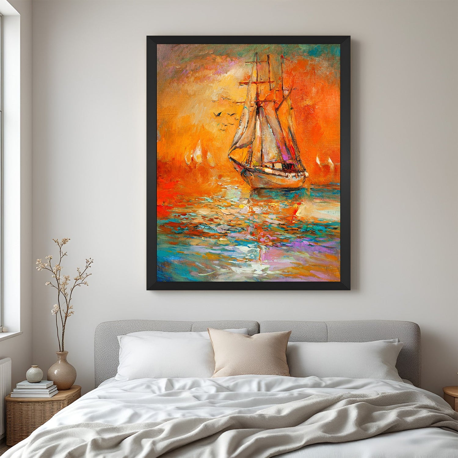 Black frame abstract canvas print of ship sailing over water – artistic marine-inspired wall art for modern and creative spaces