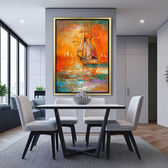 Golden frame abstract wall art of ship in water – painted canvas print perfect for nautical-themed and contemporary interiors