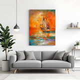Abstract canvas wall art of a ship in calm water – painted nautical artwork with soft textures and ocean reflections for elegant wall decor