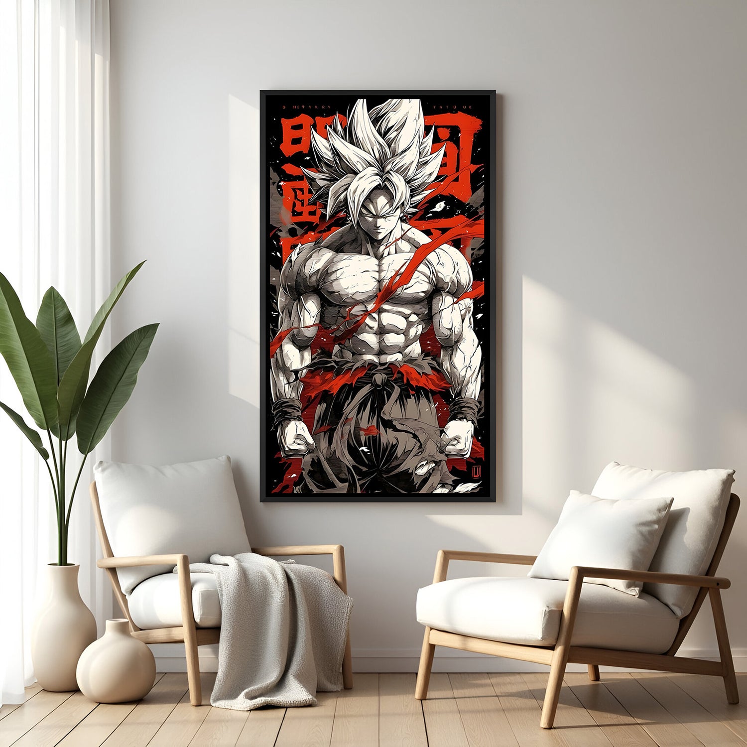 Shirtless Goku anime canvas artwork in premium black floater frame