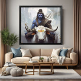 Hand-painted canvas wall art of Lord Shiva sitting on Nandi Ji, detailed spiritual artwork in black floater frame, ideal for pooja room and positive energy