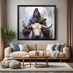 Hand-painted canvas wall art of Lord Shiva sitting on Nandi Ji, detailed spiritual artwork in black floater frame, ideal for pooja room and positive energy