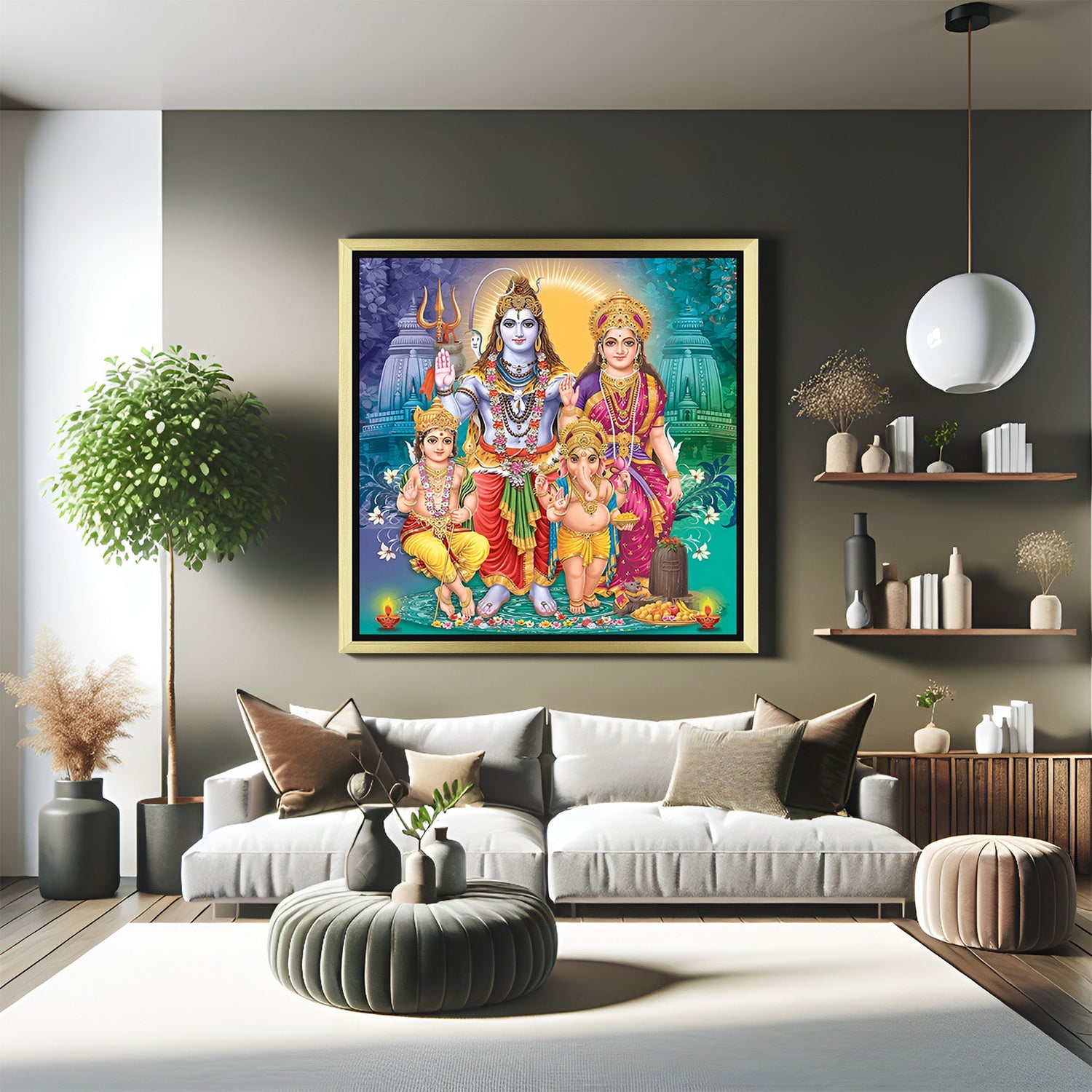 golden floater frame shiv parivar vastu canvas painting for home decor to enhance spiritual balance family peace and vastu benefits