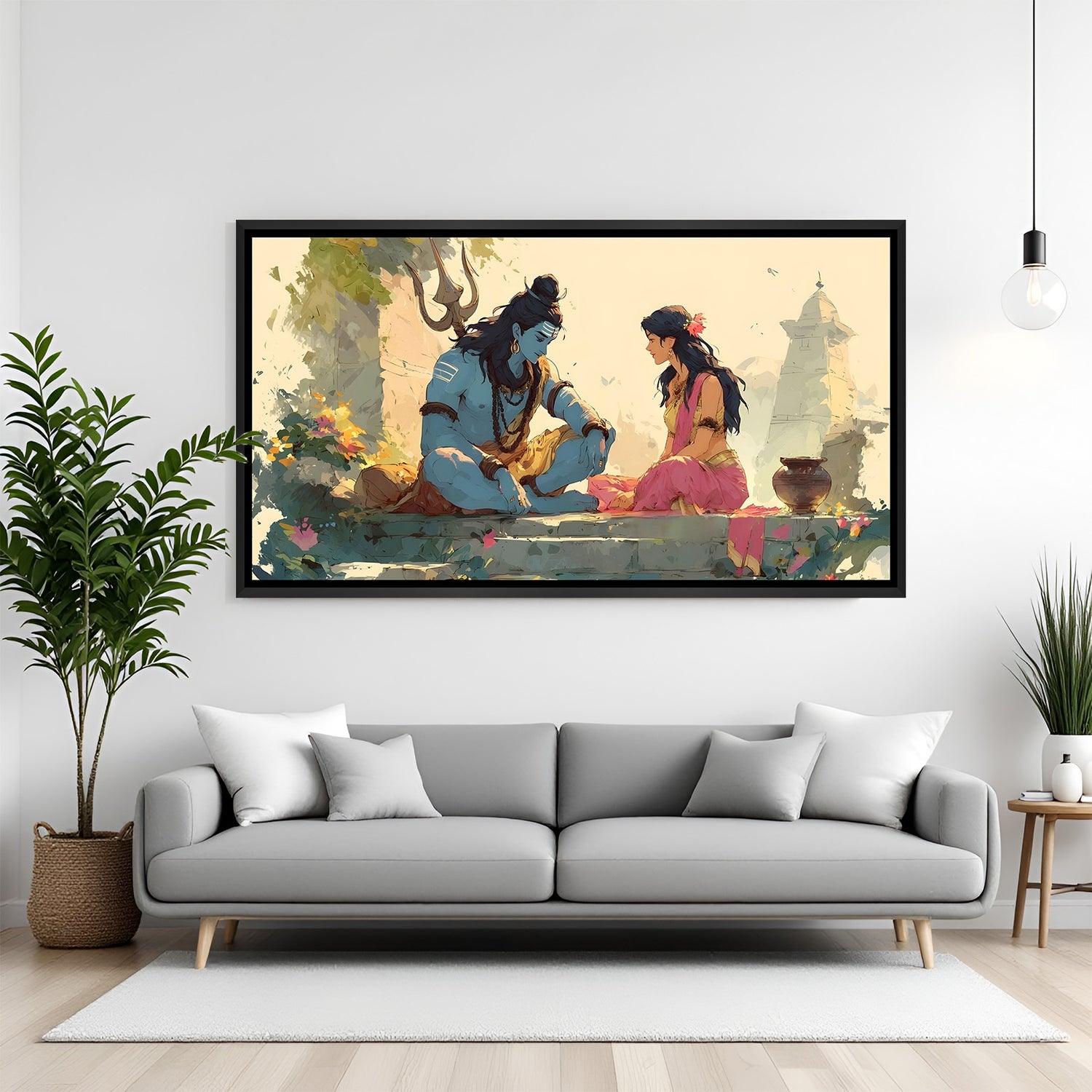 Shiv Parvati painting in black floater frame spiritual canvas wall art for home decor India
