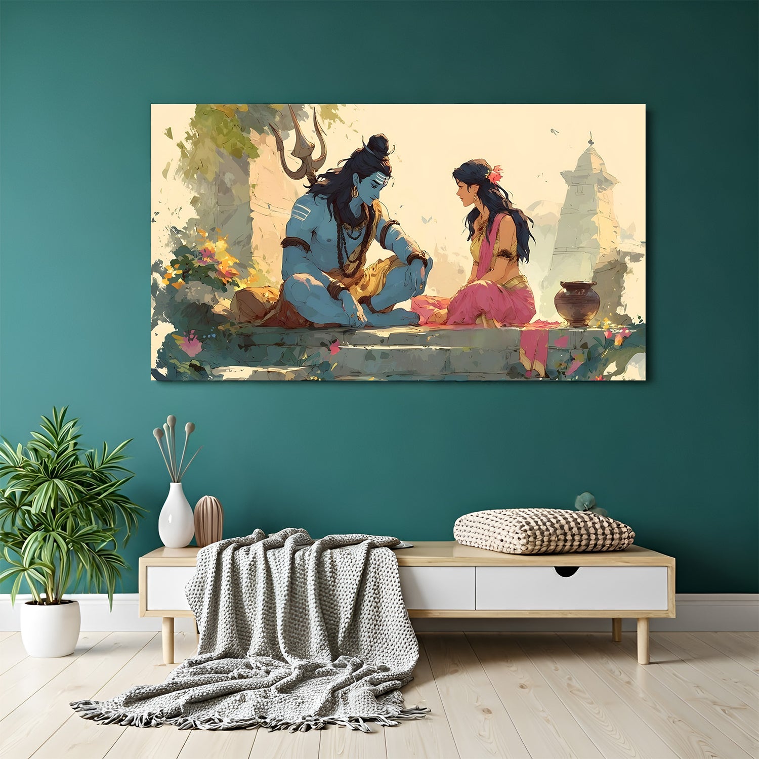 Shiv Parvati canvas wrap wall art Hindu god painting for living room and pooja room decor India