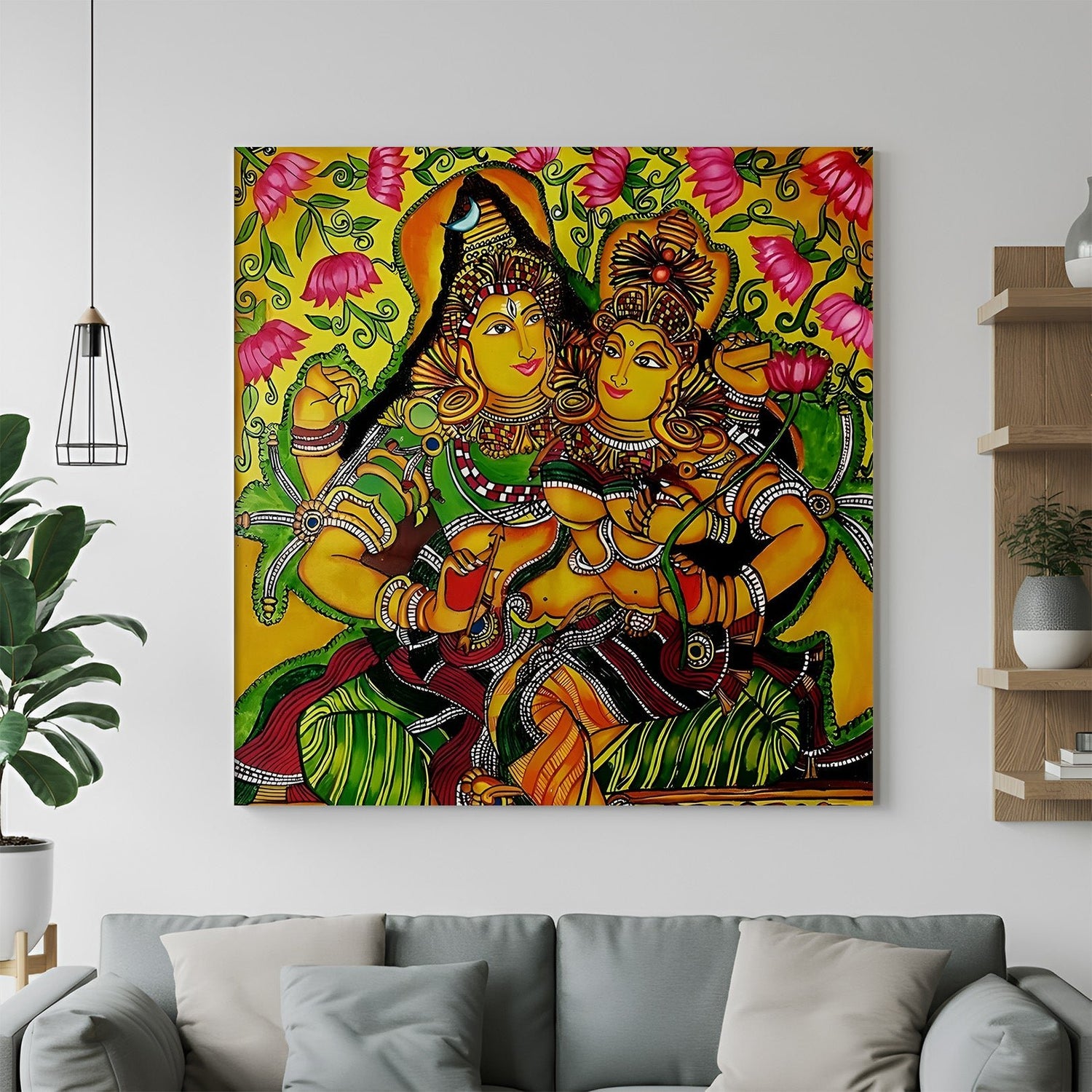 Shiv Parvati Kerala mural canvas wall art in vibrant South Indian painting style for spiritual and elegant home interiors