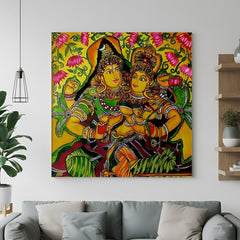 Shiv Parvati Kerala mural canvas wall art in vibrant South Indian painting style for spiritual and elegant home interiors
