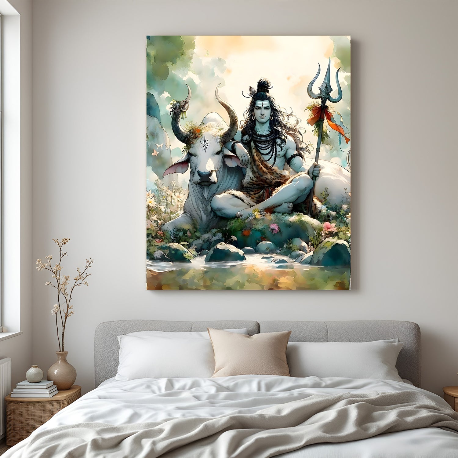 Lord Shiva sitting peacefully with Nandi bull canvas wall art for bedroom and temple décor
