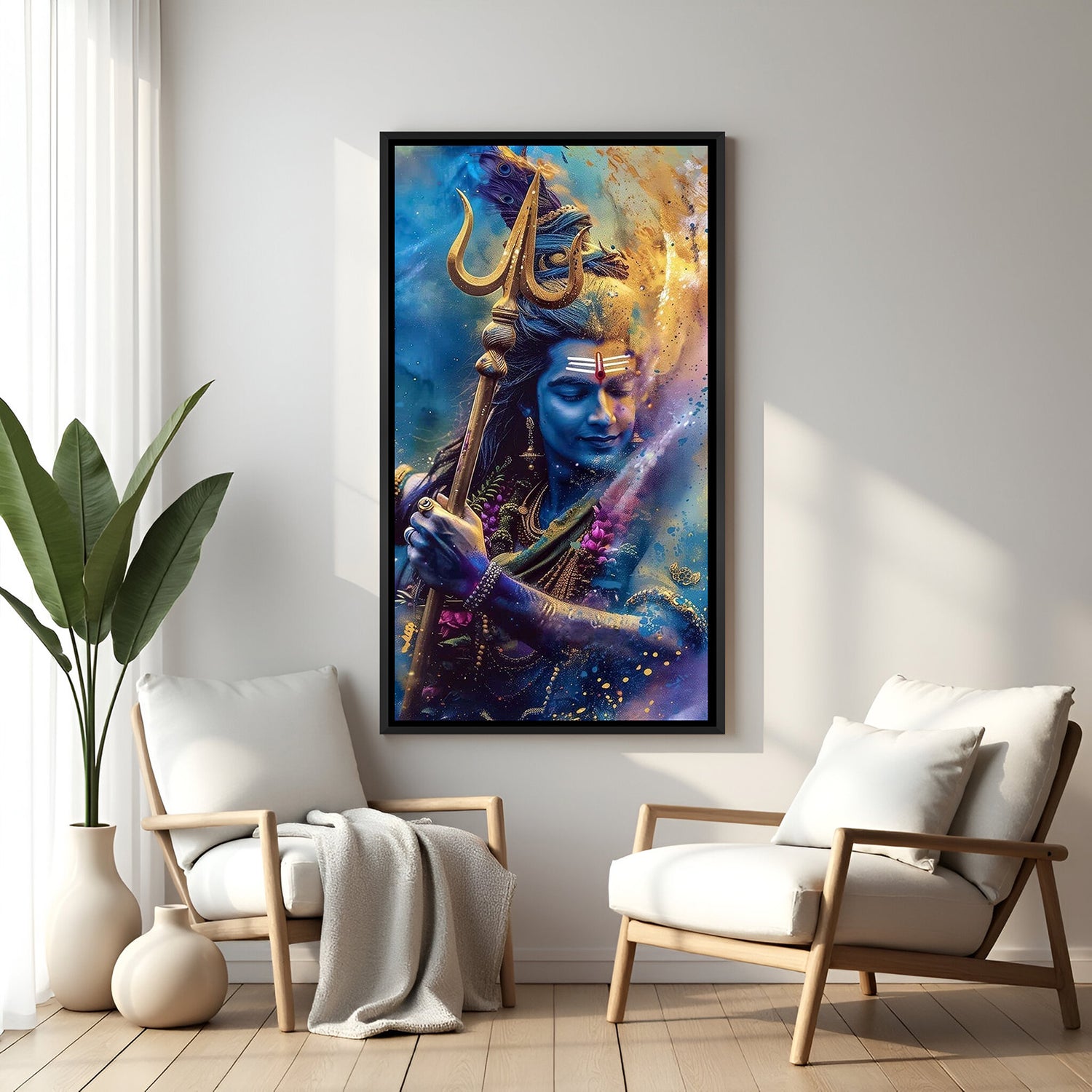 lord shiva canvas wall art framed in black floater frame with rich colors and detailed artwork ideal for living room office or hallway spiritual decor