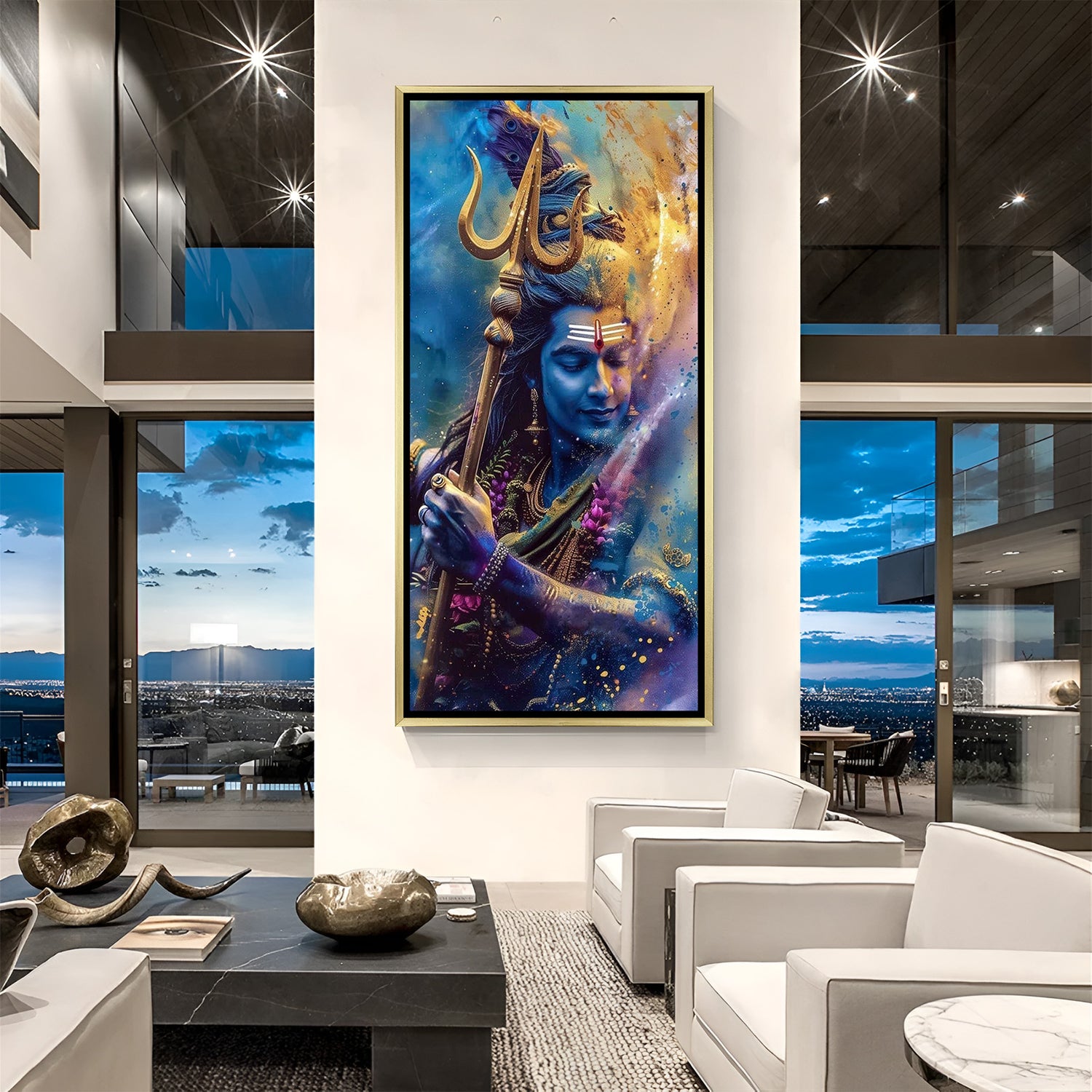 premium shiv ji wall art with golden floater frame adding elegance devotion and spiritual charm perfect for living room entrance or meditation area
