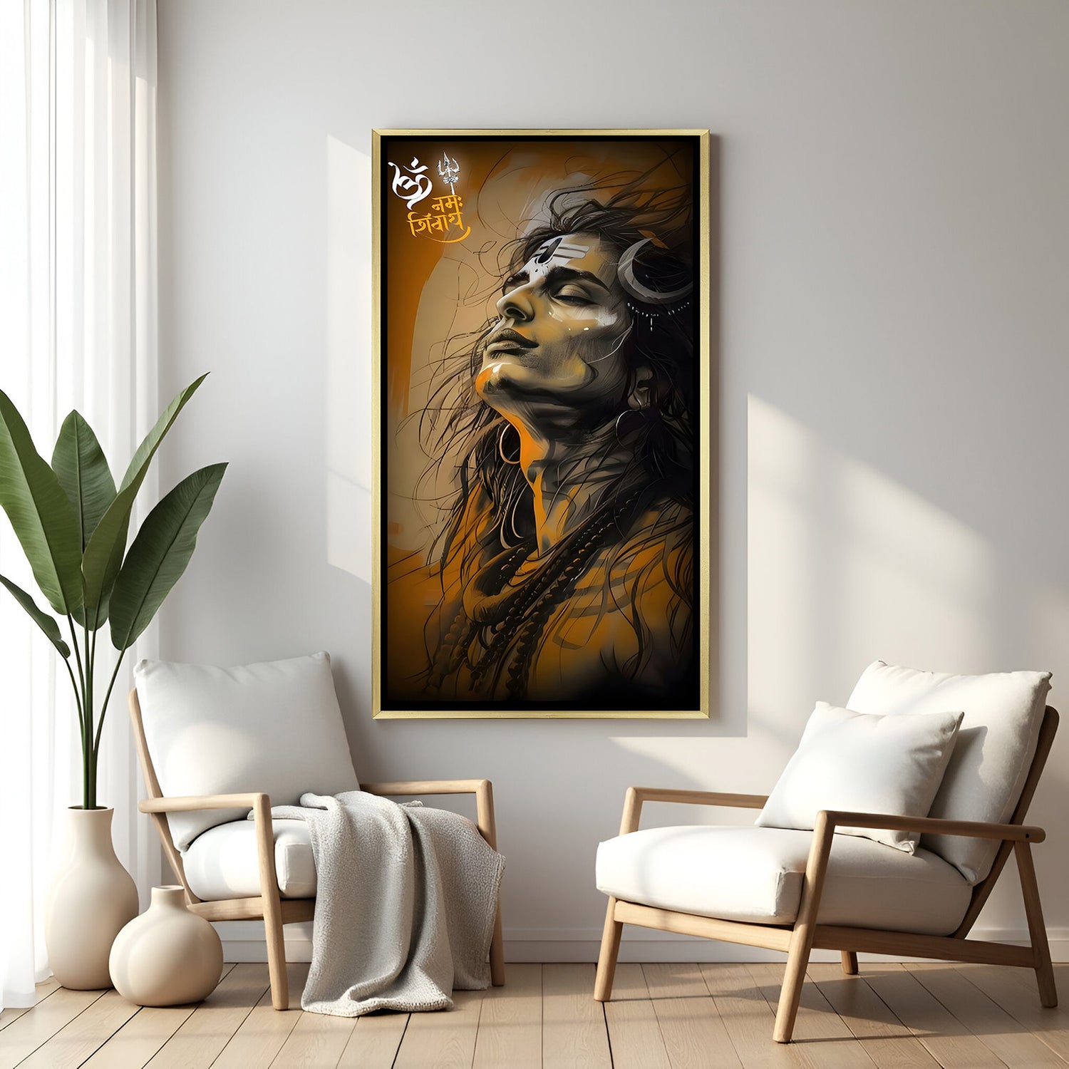 Abstract Lord Shiva canvas with golden floater frame, premium spiritual wall décor artwork for elegant home spaces.