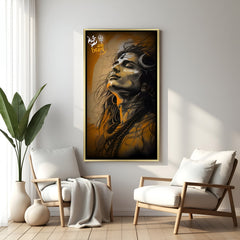 Abstract Lord Shiva canvas with golden floater frame, premium spiritual wall décor artwork for elegant home spaces.