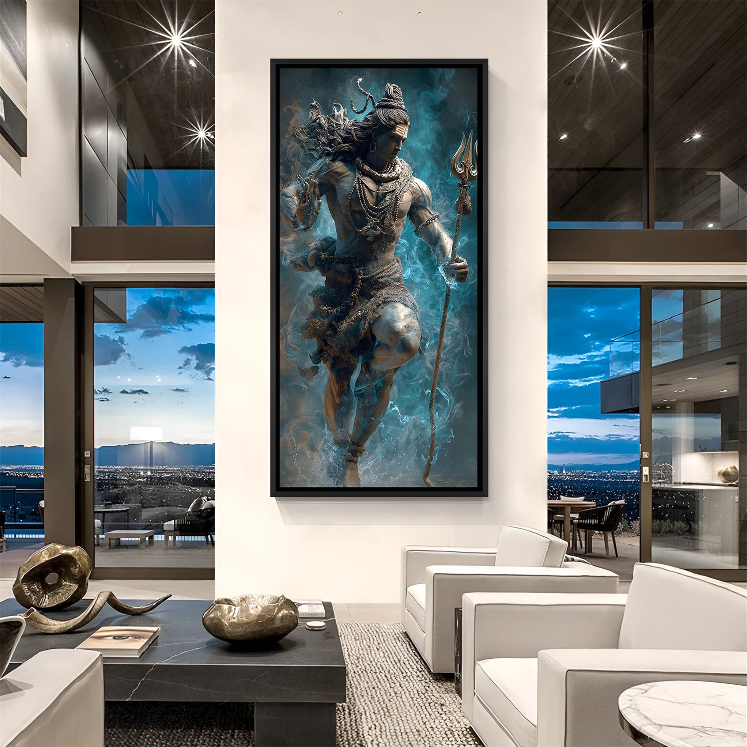Shiva dynamic pose artwork with black floater frame and dramatic mist background