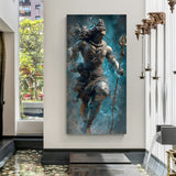 Vertical Shiva cosmic dance wall art on premium canvas wrap with teal smoke effect