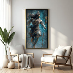 Vertical Shiva canvas art with golden floater frame and sculptural textured finish