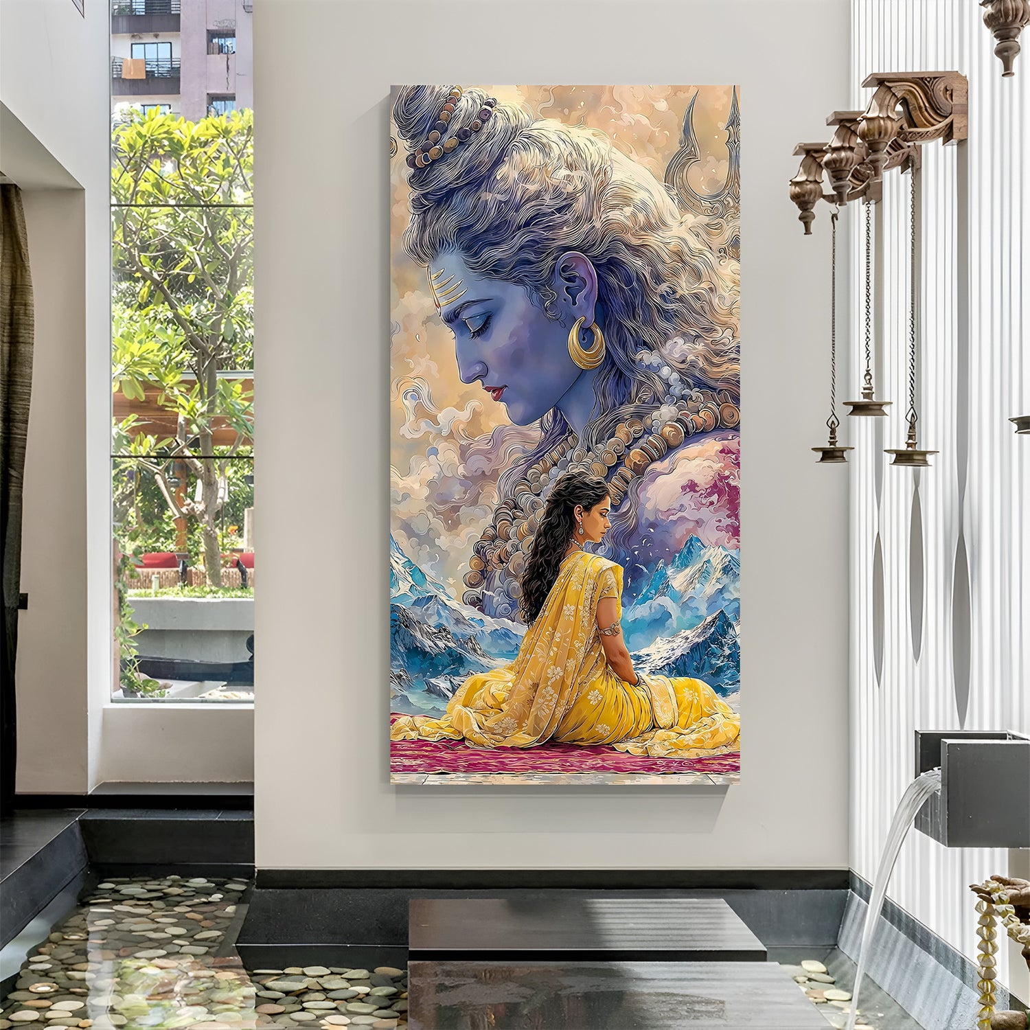 Shiva divine blessing vertical canvas wrap wall art with devotee spiritual decor India