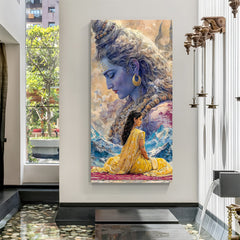 Shiva divine blessing vertical canvas wrap wall art with devotee spiritual decor India