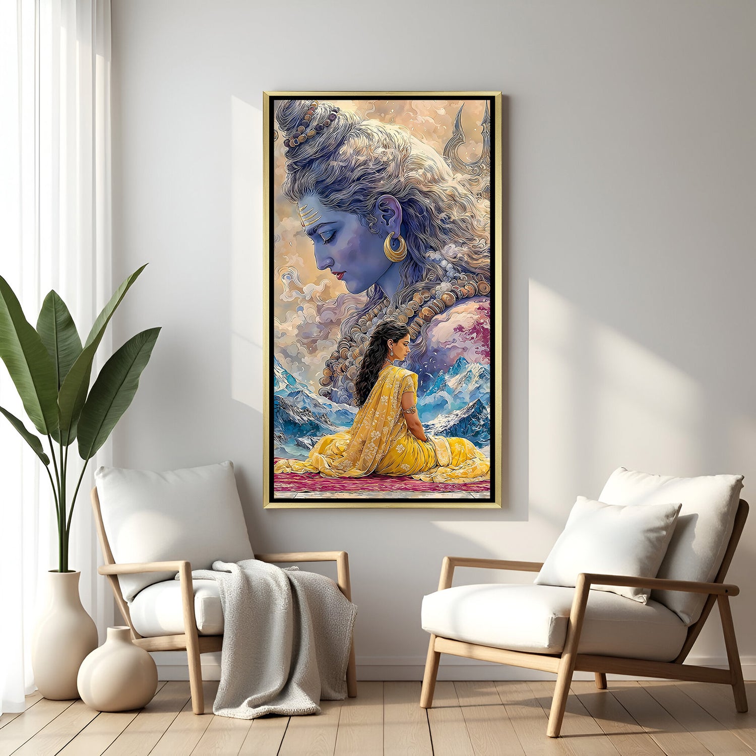 Shiva blessing vertical canvas wall art with golden floater frame temple decor India