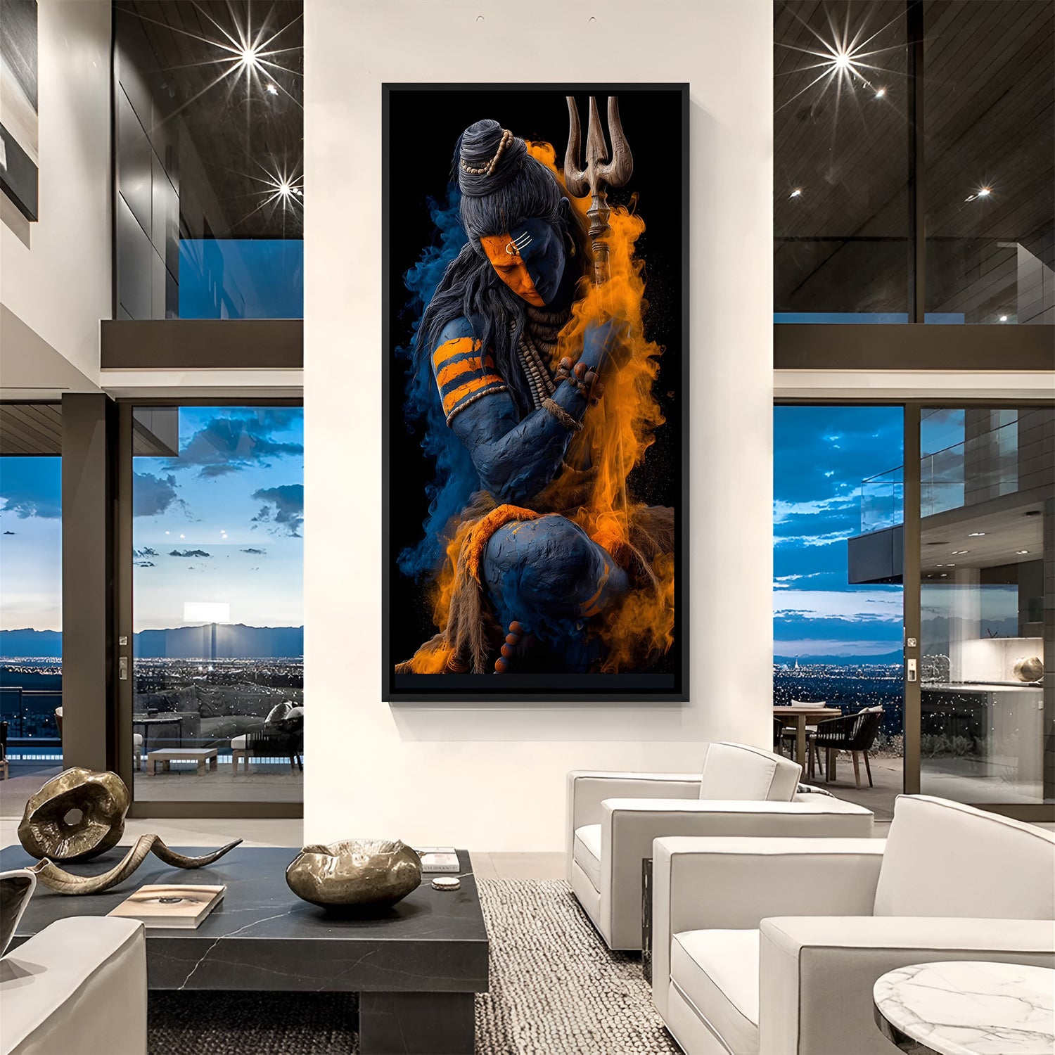 Dramatic Shiva wall art with black floater frame and fiery smoke effect