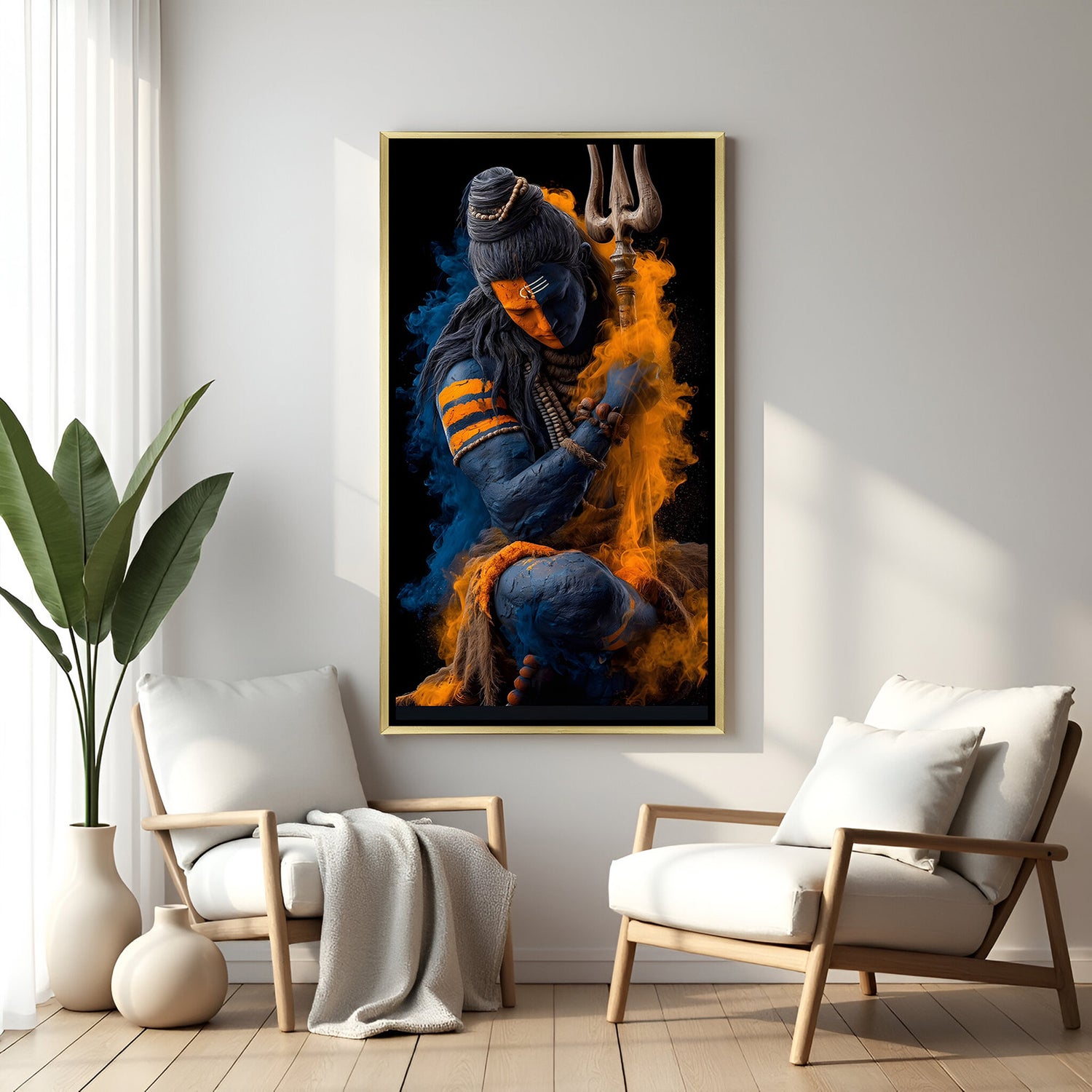 Shiva vertical canvas artwork with golden floater frame and vibrant orange flame details