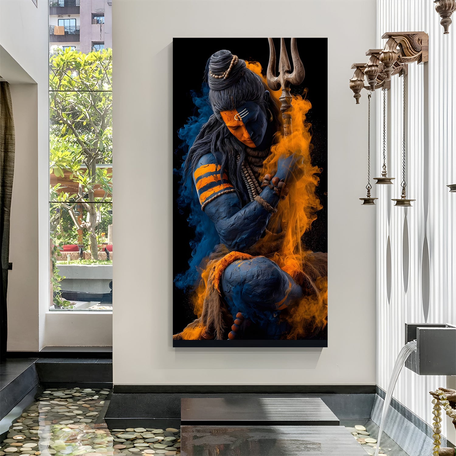Shiva in blue and saffron tones holding trishul surrounded by fire and smoke vertical canvas wall art