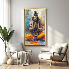 Meditative Shiva canvas art with golden floater frame premium Indian wall decor