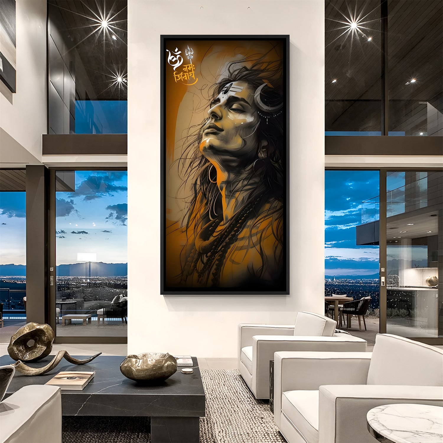 Modern Shiva spiritual wall art in black floater frame, contemporary abstract devotional canvas for luxury interiors.