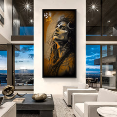 Modern Shiva spiritual wall art in black floater frame, contemporary abstract devotional canvas for luxury interiors.