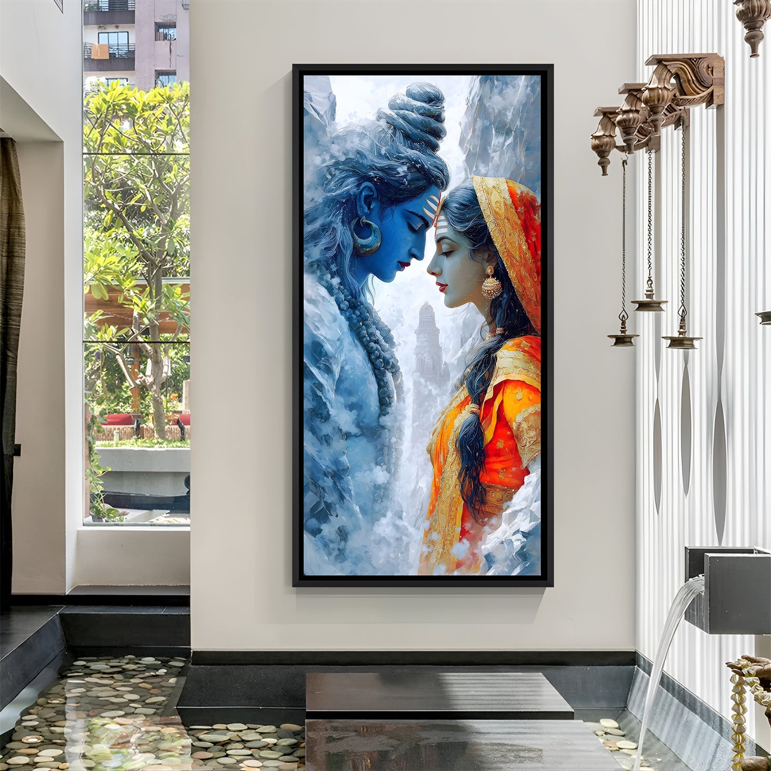 Shiva Parvati spiritual painting with black floater frame modern Indian home decor