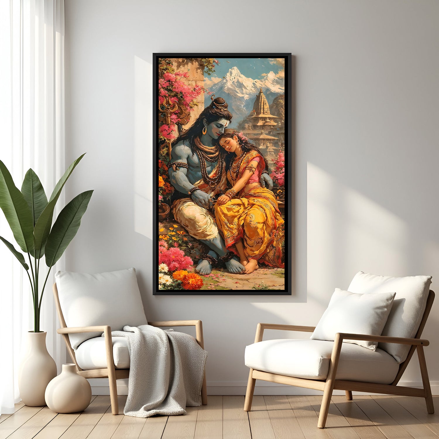 Shiva Parvati devotional wall art in black frame featuring divine couple with temple and floral background